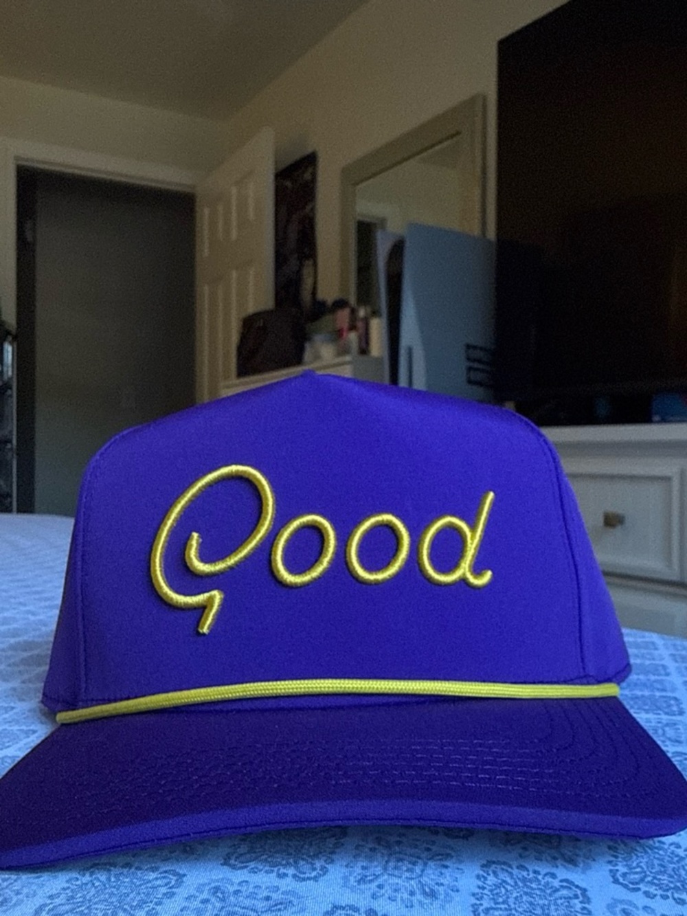 Embroidered Purple Trucker Hat with Yellow Script